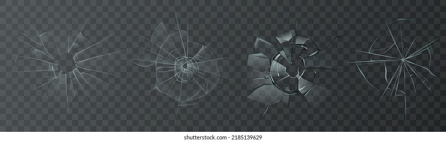 Cracked crushed realistic glass set transperant alpha background set vector illustration, bullet broken crack glass hole.