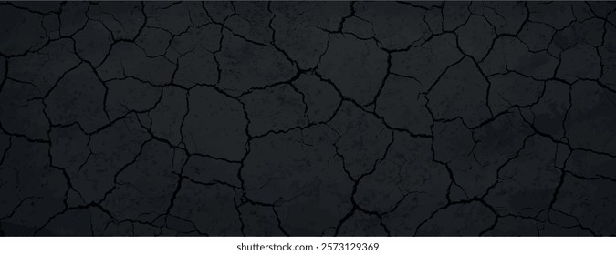 Cracked, dark black background with a rough texture. The black background adds a dramatic, rugged feel to the design. Dry cracked soil texture background. Black background vector.