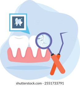 cracked dental crown Fractured Teeth Exam using Mouth mirror concept, Checking Tooth explorer sickle probe vector icon design, Dentistry symbol, Healthcare sign, Dental instrument stock illustration