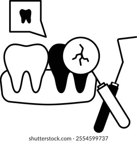 cracked dental crown Fractured Teeth Exam using Mouth mirror concept, Checking Tooth explorer sickle probe vector icon design, Odontology symbol, manual dexterity sign Dentist tools stock illustration