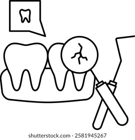 cracked dental crown Fractured Teeth Exam using Mouth mirror concept, Checking Tooth explorer sickle probe vector icon design, Dentistry symbol, Healthcare sign, Dental instrument illustration