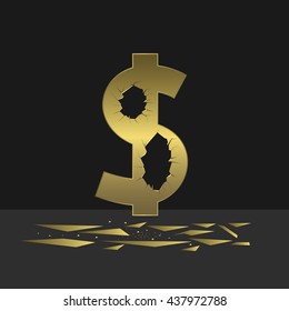 Cracked Dollar sign. Golden dollar symbol with holes and cracks