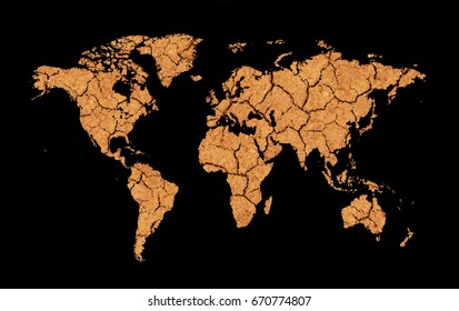 Cracked and dry Earth Map. Low Poly World Map. Global Warming. Oil Pollution in the Ocean. Black Water. Desert. Ecology problems. Vector illustration.
