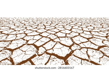 Cracked dry earth surface texture isolated on white background.