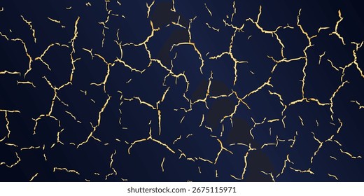 Gebarsten droge grond met gouden lijnen. Abstracte donkere achtergrond met glanzend gouden breukpatroon. Luxe gebarsten aarde textuur. Vectorillustratie.