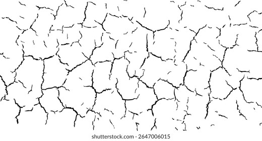 Textura seca rachada. Padrão preto-e-branco de terra afetada pela seca com linhas irregulares de fratura. Fundo da superfície do deserto ou do terramoto Ilustração vetorial abstrata.
