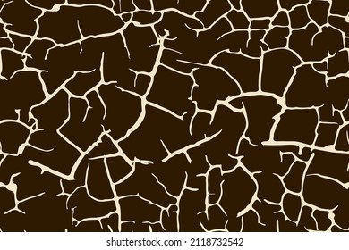 Cracked dry soil seamless pattern. Drought dark brown ground texture. Desert land or broken clay surface. Grunge contour background. Dead earth, hot climate.