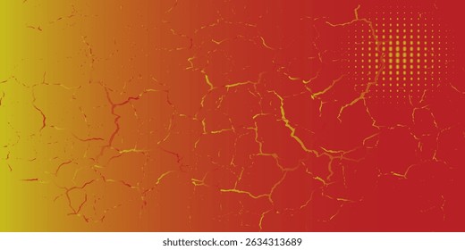Gerissene trockene Textur mit rotem und gelbem Farbverlauf-Hintergrund, farbiges, bedrücktes Design für abstrakte oder Wüstenwärme-Themen.