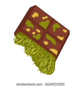 Cracked Dubai chocolate bar with green pistachio cream inside. Cartoon vector sweets illustration. For packaging, menu design, stickers, ads, product visuals, dessert content