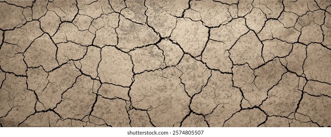 Cracked earth background with a beige color. The background has a dry, textured appearance with beige tones throughout. Dry cracked soil texture background. Brown background vector.