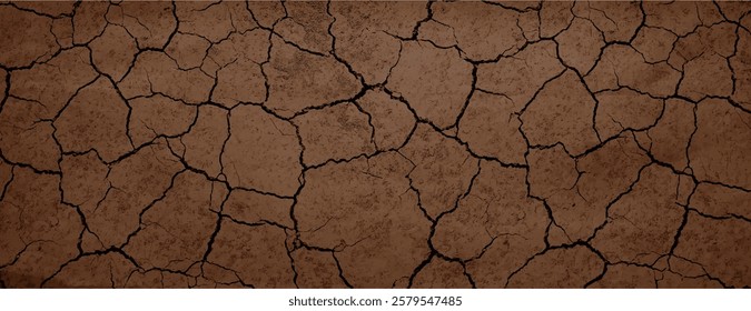 Cracked earth background with a brown, textured style. The brown background features dry, cracked patterns resembling a desert floor. Dry cracked soil texture background. Brown background vector.