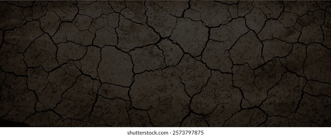 Cracked earth background, dark brown color, textured background with rugged, earthy brown tones, resembling dry, parched soil. Dry cracked soil texture background. Brown background vector.