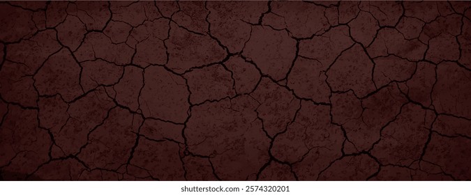 Cracked earth background, dark brown color, with a rugged texture. The brown background adds a natural, earthy feel. Dry cracked soil texture background. Brown background vector.