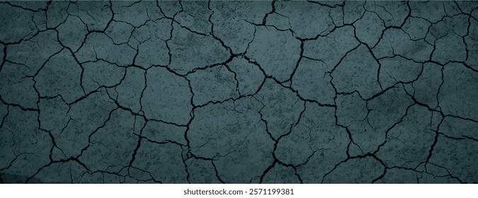 Cracked earth background with a dark green color. The background features a rugged texture with green and black tones. Dry cracked soil texture background. Green background vector.