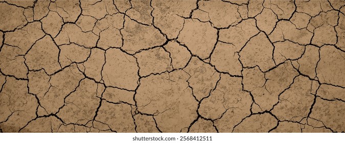 Cracked earth background with a dry, textured style. The background is brown, with brown cracks creating a natural, rugged look. Dry cracked soil texture background. Brown background vector.