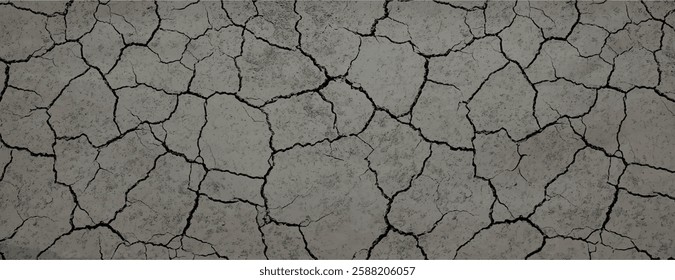 Cracked earth background with a rough texture. The background is gray with gray cracks, creating a natural, rugged style. Dry cracked soil texture background. Gray background vector.
