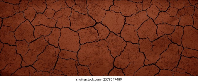 Cracked earth background with a rustic style. The background is earthy brown, with a brown texture resembling dry, cracked soil. Dry cracked soil texture background. Brown background vector.