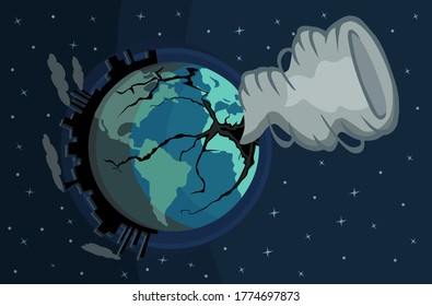 cracked earth in a dystopic view, torn out of the earth as a result of human actions to destroy the environment, starry space background , vector illustration