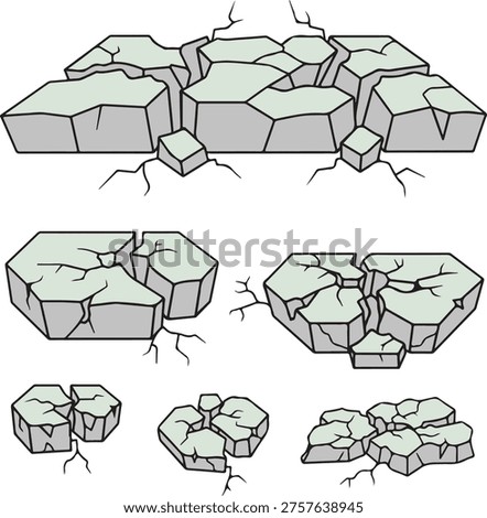 Cracked earth elements collection. Broken ground, damaged landscape. Destruction in cartoon style, vector illustration.