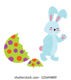 A cracked Easter egg and a happy cute bunny coming out of it.