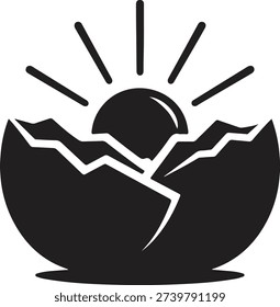 Cracked Easter egg with rising sun silhouette symbolizing rebirth, resurrection, hope, and new beginnings. Minimalist black vector illustration isolated on light background, ideal for Easter celebration, spiritual renewal, and religious concept design.