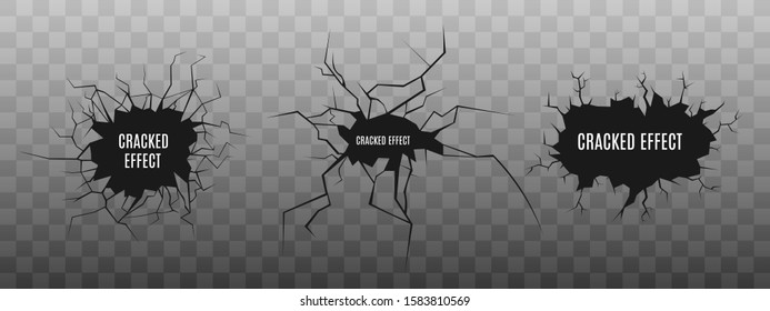 Cracked effect hole set isolated on transparent background - dramatic black crack texture collection with text copy space template, vector illustration