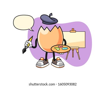 Cracked egg artist with speech bubble cartoon. Mascot Character vector.