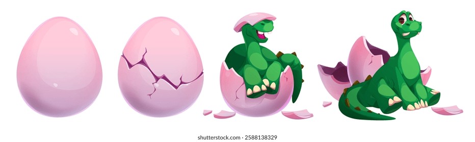 Cracked egg with baby dinosaur set isolated on white background. Vector cartoon illustration of cute green dino hatching, hiding and sitting in broken eggshell, Jurassic park animal, funny zoo mascot