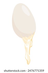 Cracked egg. Baking or cooking ingredient. Eggshell and protein. Healthy organic food. Diet with raw and broken product. Vector cartoon food