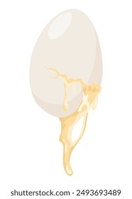 Cracked egg. Baking or cooking ingredient. Eggshell and protein. Healthy organic food. Diet with raw and broken product. Vector cartoon food