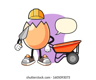 Cracked egg builder with speech bubble cartoon. Mascot Character vector.