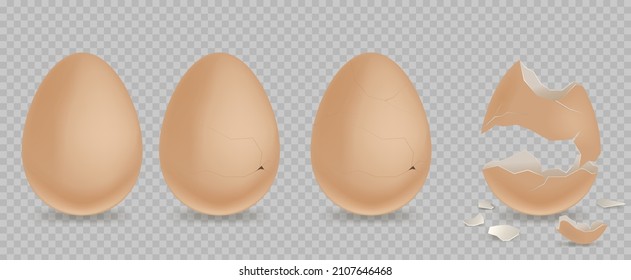 Huevo resquebrajado. Caricatura 3d huevos rotos de pollo realistas con grietas y herreras. Ilustración realista de huevo