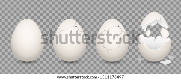 Cracked egg. Cartoon 3d realistic\
chicken broken eggs with cracks and smithers. Vector illustration\
culinary ingredient set on transparent\
background