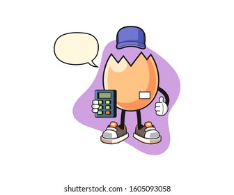 Cracked egg cashier with speech bubble cartoon. Mascot Character vector.