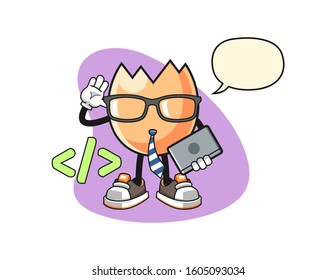 Cracked egg developer with speech bubble cartoon. Mascot Character vector.