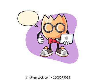 Cracked egg geek with speech bubble cartoon. Mascot Character vector.