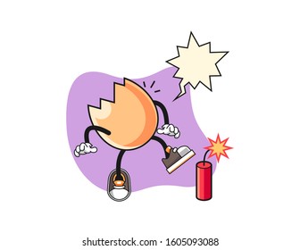 Cracked egg get surprise firecrackers with speech bubble cartoon. Mascot Character vector.