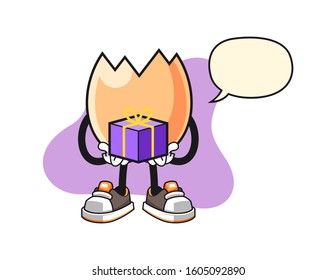 Cracked egg give a gift with speech bubble cartoon. Mascot Character vector.