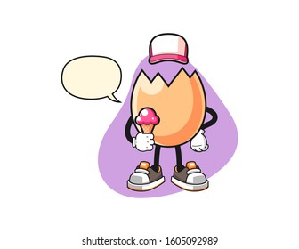 Cracked egg hold ice cream with speech bubble cartoon. Mascot Character vector.