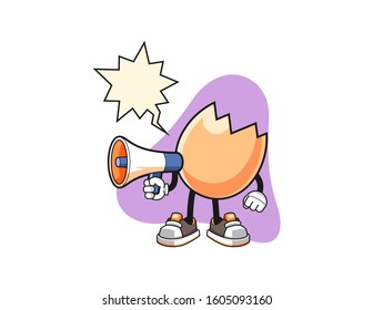 Cracked egg hold megaphone with speech bubble cartoon. Mascot Character vector.