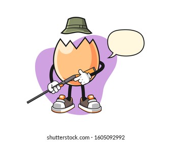 Cracked egg hunter with speech bubble cartoon. Mascot Character vector.