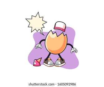 Cracked egg with ice cream fall with speech bubble cartoon. Mascot Character vector.
