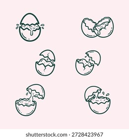 Conjunto de ícones de ovos rachados - vetor de arte de linha de abertura de gema desenhada à mão | Coleção de vetores de casca de ovo quebrada