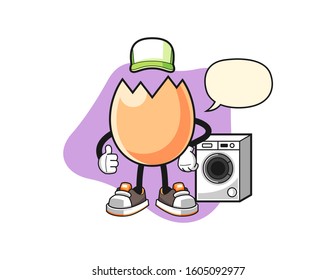 Cracked egg laundry man with speech bubble cartoon. Mascot Character vector.