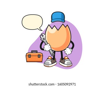 Cracked egg mechanic with speech bubble cartoon. Mascot Character vector.