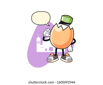 Cracked egg muslim with speech bubble cartoon. Mascot Character vector.