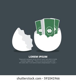 Cracked Egg Open With Dollar Inside, Vector Illustration