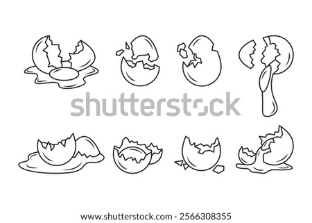 Cracked Egg Outline Icon Set – Collection of Broken Chicken Egg Variations