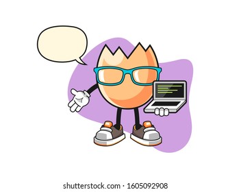 Cracked egg programmer with speech bubble cartoon. Mascot Character vector.