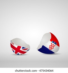 Cracked egg shell, one side with flag of United Kingdom and other one with flag of Croatia